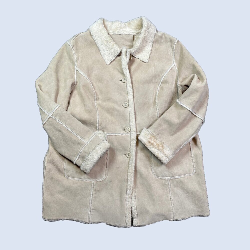WESTBOUND Leather Suede Patchwork Faux Fur Trim Lined Coat Jacket Women 2X Beige